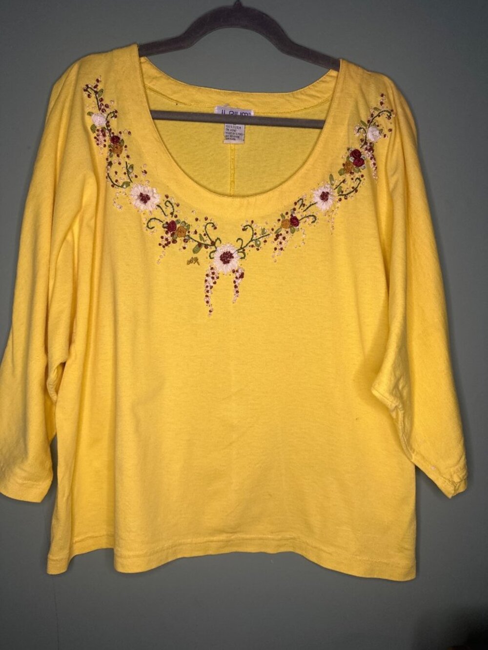 VTG JL Plum Yellow Embroidered Boat Neck Top 2X Dolman Sleeve Cotton Boho resort
